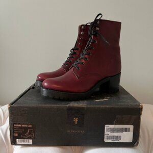 Frye Sabrina Moto Boots NIB Oxblood Leather 11 or 10.5 New Red Brown Lace up zip